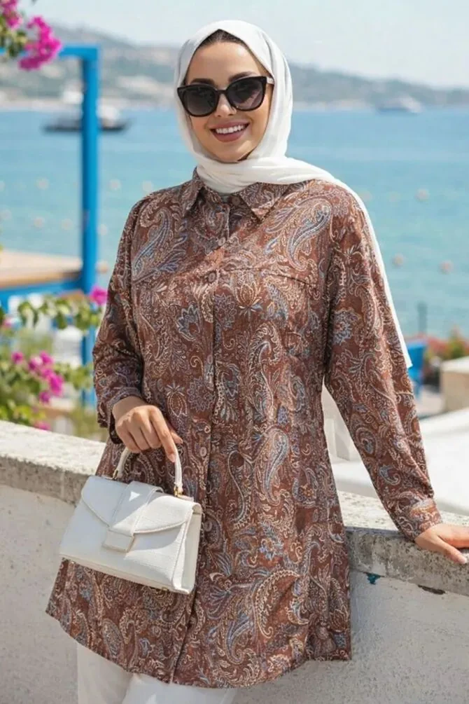 Desenli Kahverengi Tesettür Tunik 26609KH - 1