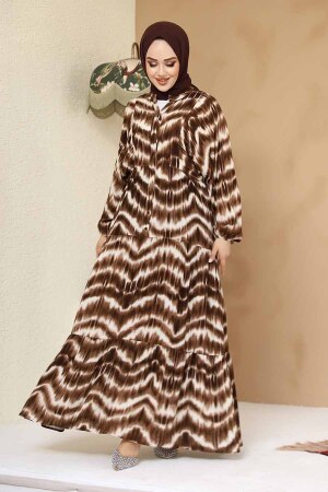 Desenli Kahverengi Tesettür Viskon Elbise 235806KH - 1