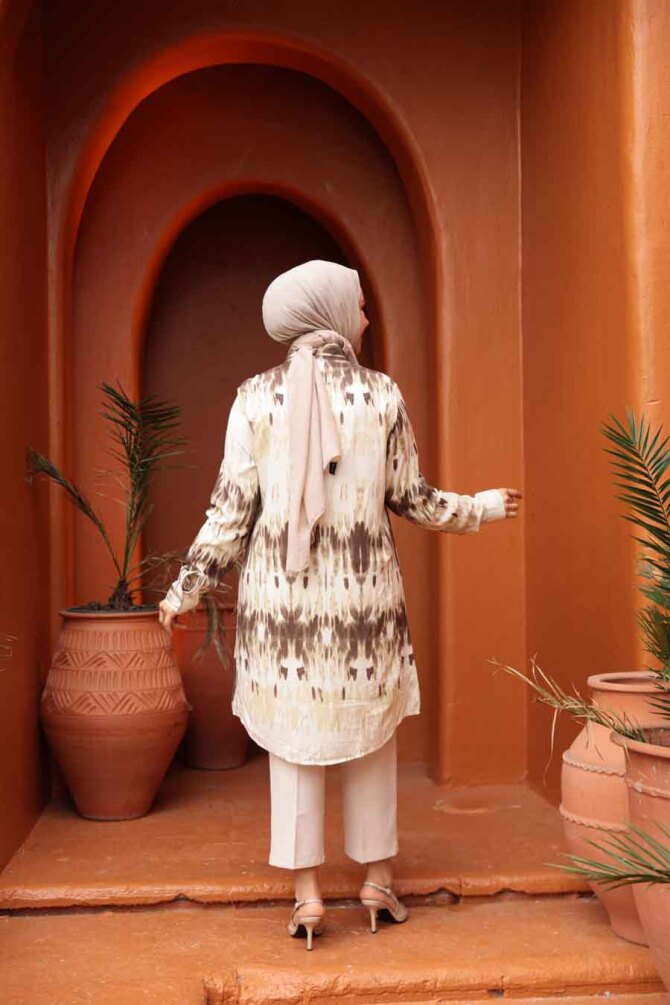 Desenli Kahverengi Tesettür Viskon Tunik 11744KH - 3