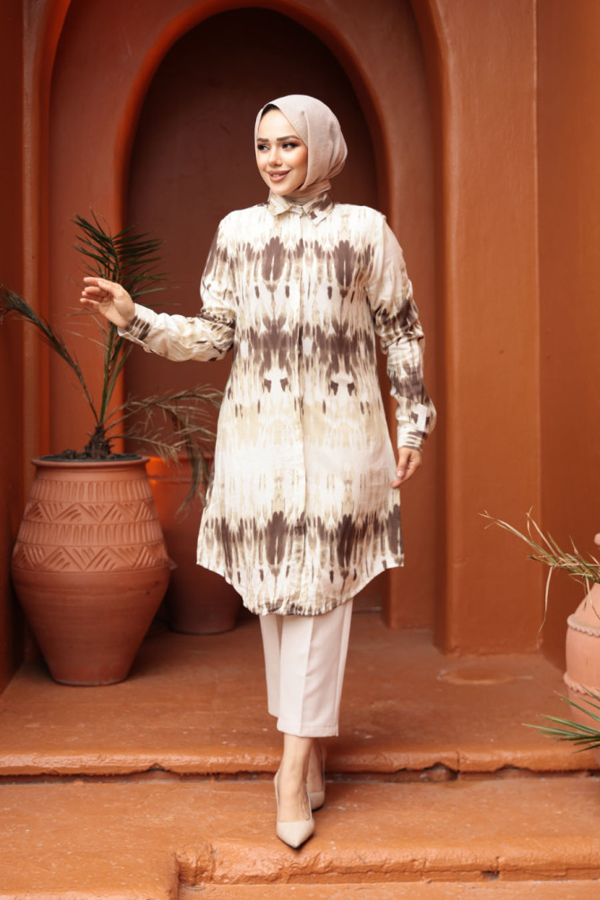 Desenli Kahverengi Tesettür Viskon Tunik 11744KH - 2