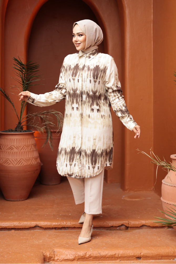 Desenli Kahverengi Tesettür Viskon Tunik 11744KH - 1