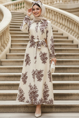 Desenli Karamel Tesettür Elbise 24088KRML - N.S NEVA STYLE