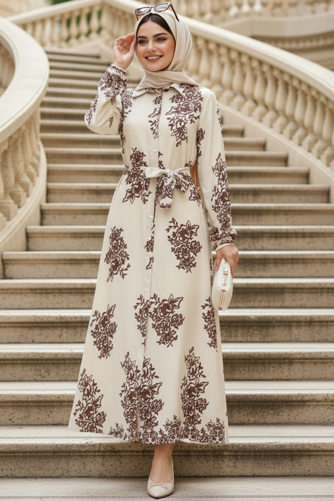 Desenli Karamel Tesettür Elbise 24088KRML - 1