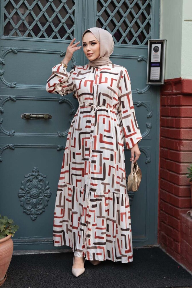 Desenli Kiremit Tesettür Elbise 50253KRMT - N.S NEVA STYLE