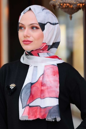 Desenli Kırmızı Tesettür Şal 5214K - NEVA STYLE SALLAR