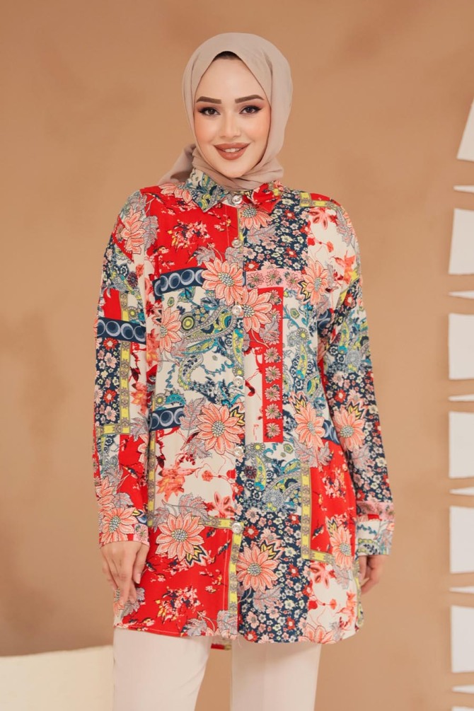 Desenli Kırmızı Tesettür Tunik 20414K - NEVA STYLE