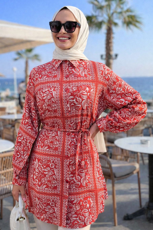 Desenli Kırmızı Tesettür Tunik 26601K - 1