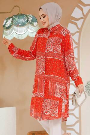 Tunique longue en viscose à motifs – Rouge 11561K 