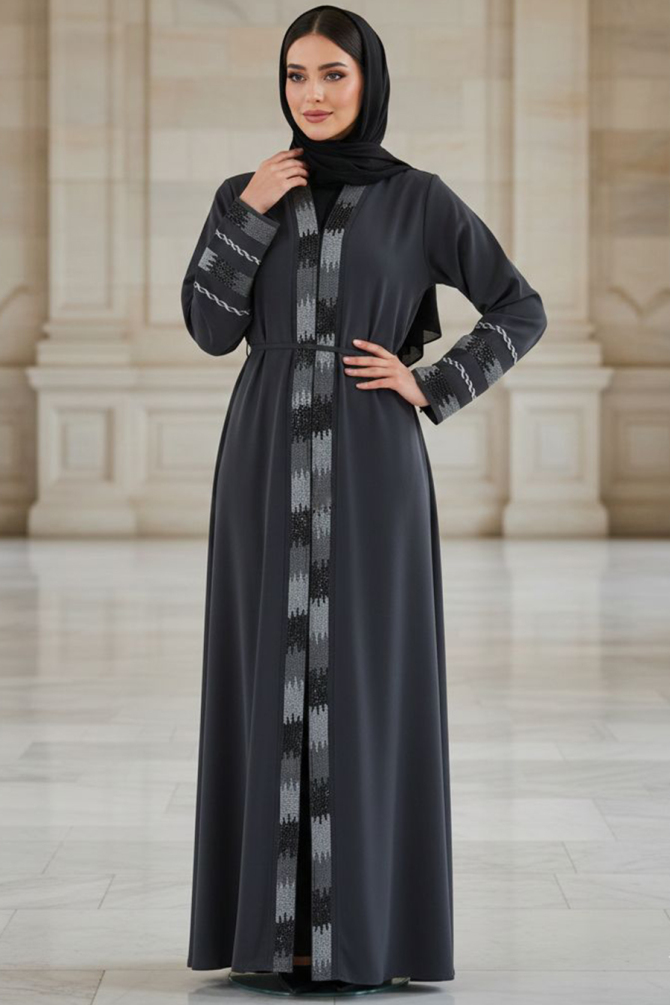 Desenli Koyu Gri Tesettür Abaya 45303KGR - 1
