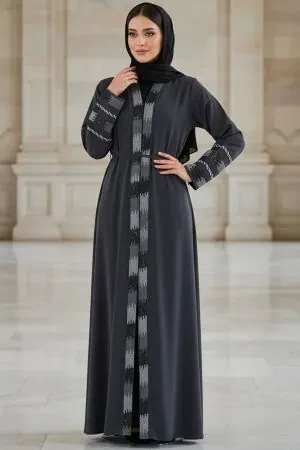 Desenli Koyu Gri Tesettür Abaya 45303KGR 
