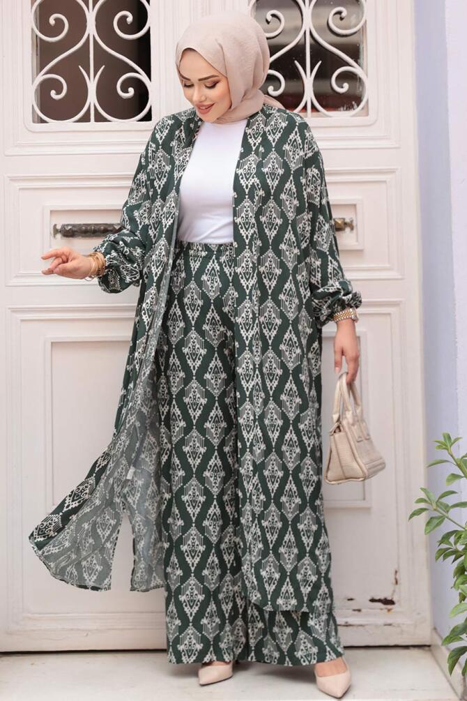 Desenli Koyu Haki Tesettür İkili Kimono Takım 12888KHK - 1