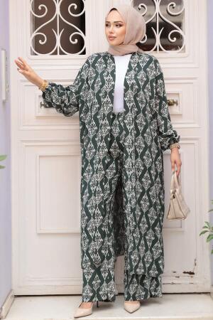 Desenli Koyu Haki Tesettür İkili Kimono Takım 12888KHK - 2