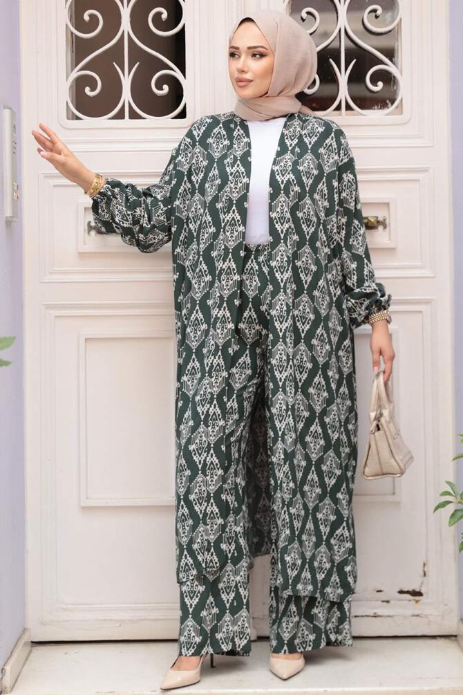Desenli Koyu Haki Tesettür İkili Kimono Takım 12888KHK - 2