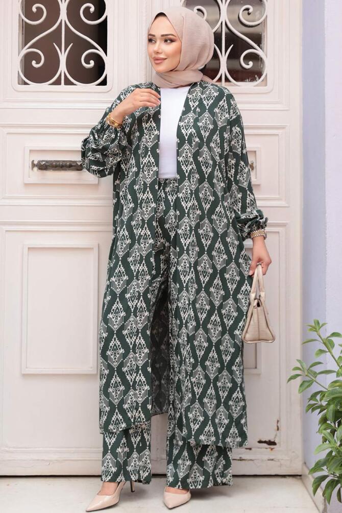 Desenli Koyu Haki Tesettür İkili Kimono Takım 12888KHK - 3