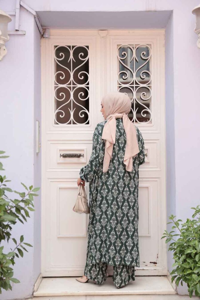 Desenli Koyu Haki Tesettür İkili Kimono Takım 12888KHK - 4
