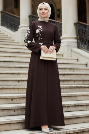 Desenli Koyu Kahverengi Tesettür Abaya 60052KKH - 1
