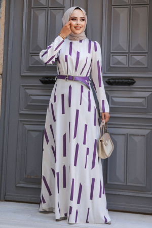 Desenli Koyu Lila Tesettür Elbise 4645KLILA - 2