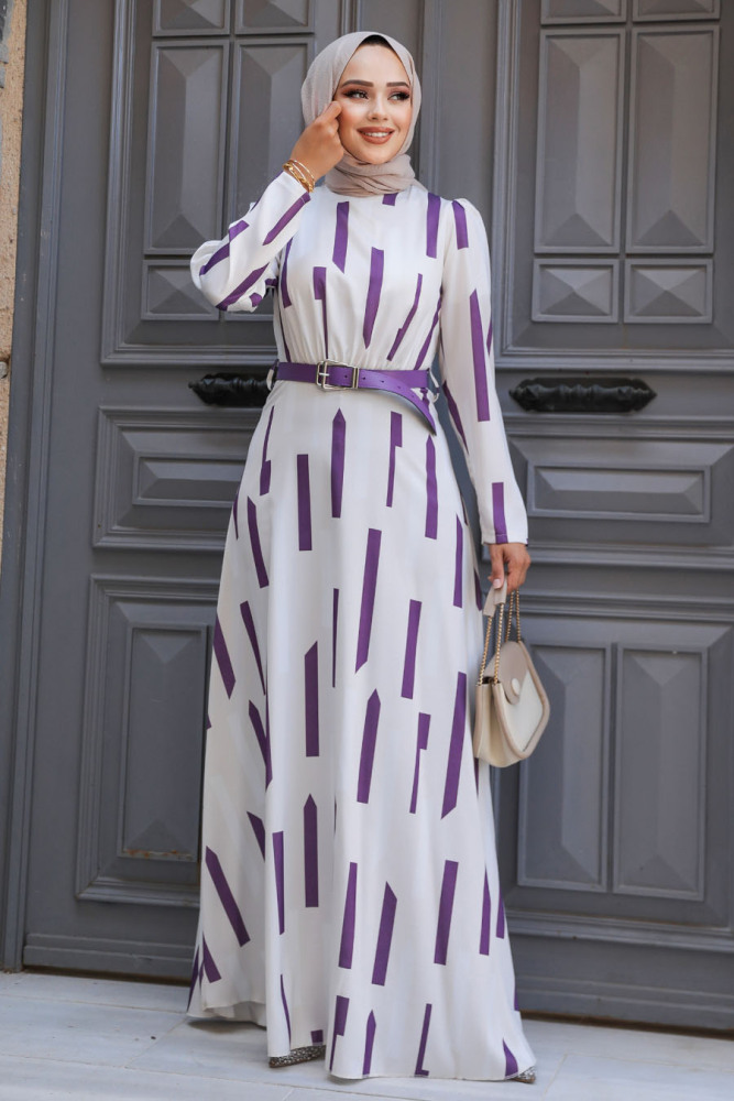 Desenli Koyu Lila Tesettür Elbise 4645KLILA - 2