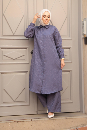 Desenli Koyu Lila Tesettür İkili Takım 12981KLILA - 2