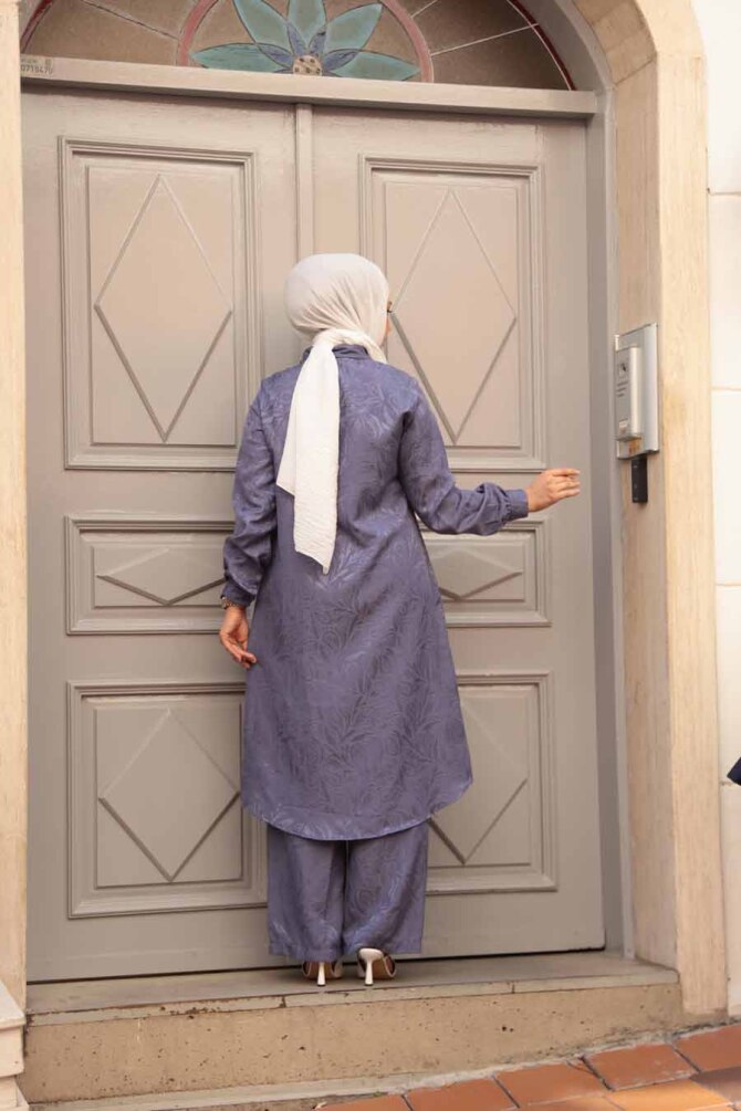 Desenli Koyu Lila Tesettür İkili Takım 12981KLILA - 3