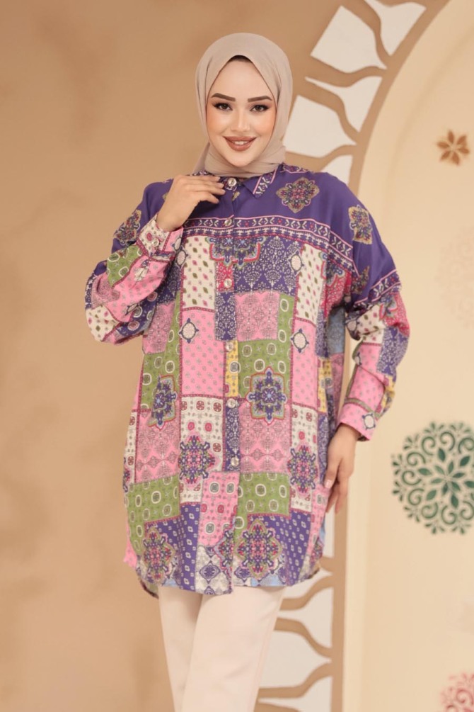 Desenli Koyu Lila Tesettür Tunik 20412KLILA - 2