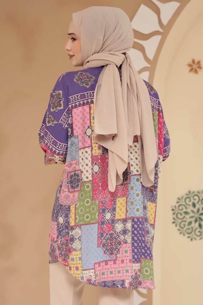 Desenli Koyu Lila Tesettür Tunik 20412KLILA - 3