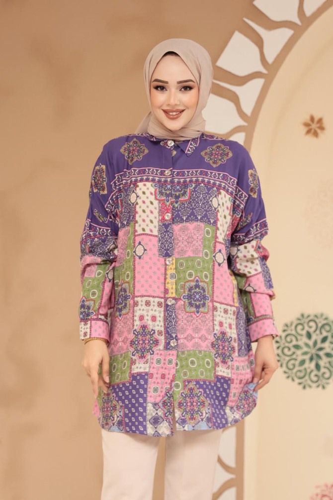 Desenli Koyu Lila Tesettür Tunik 20412KLILA - NEVA STYLE