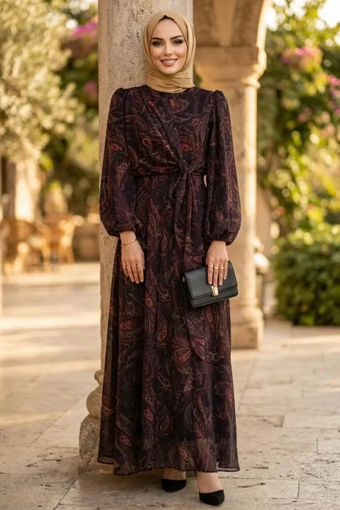 Desenli Koyu Mor Tesettür Elbise 63021KMOR - 1