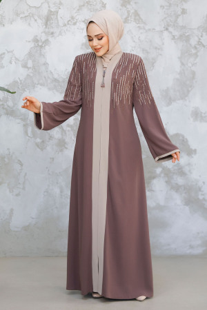 Desenli Koyu Vizon Tesettür Abaya 15079KV - 4