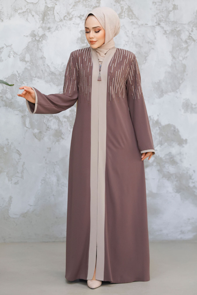 Desenli Koyu Vizon Tesettür Abaya 15079KV - 1