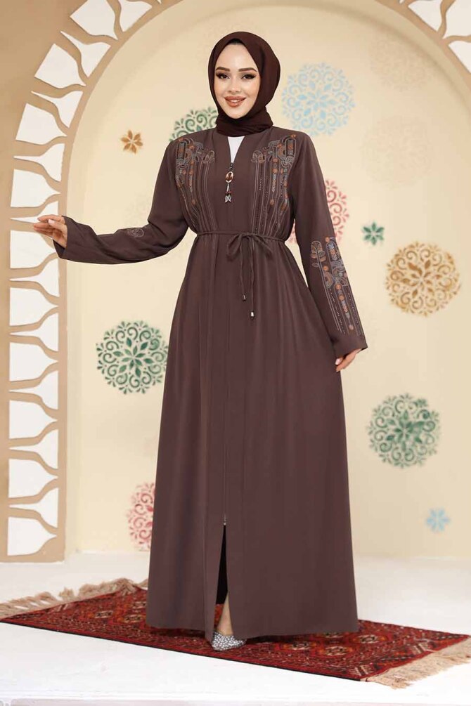 Desenli Koyu Vizon Tesettür Abaya 45302KV - 2