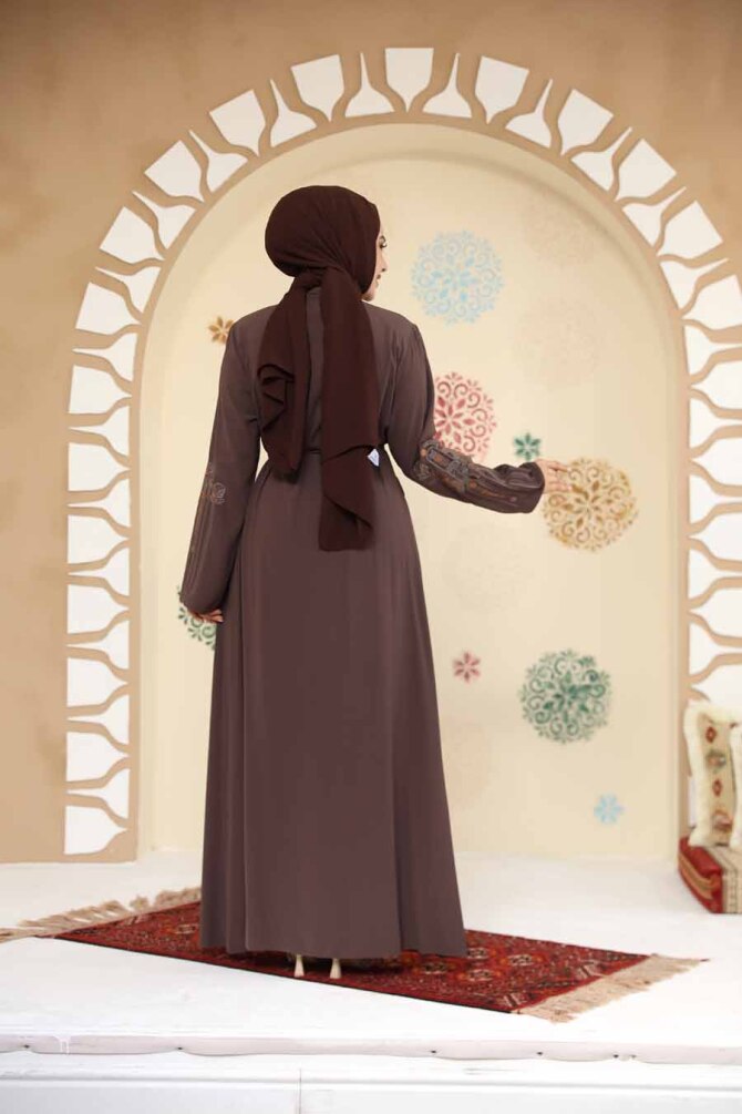 Desenli Koyu Vizon Tesettür Abaya 45302KV - 4