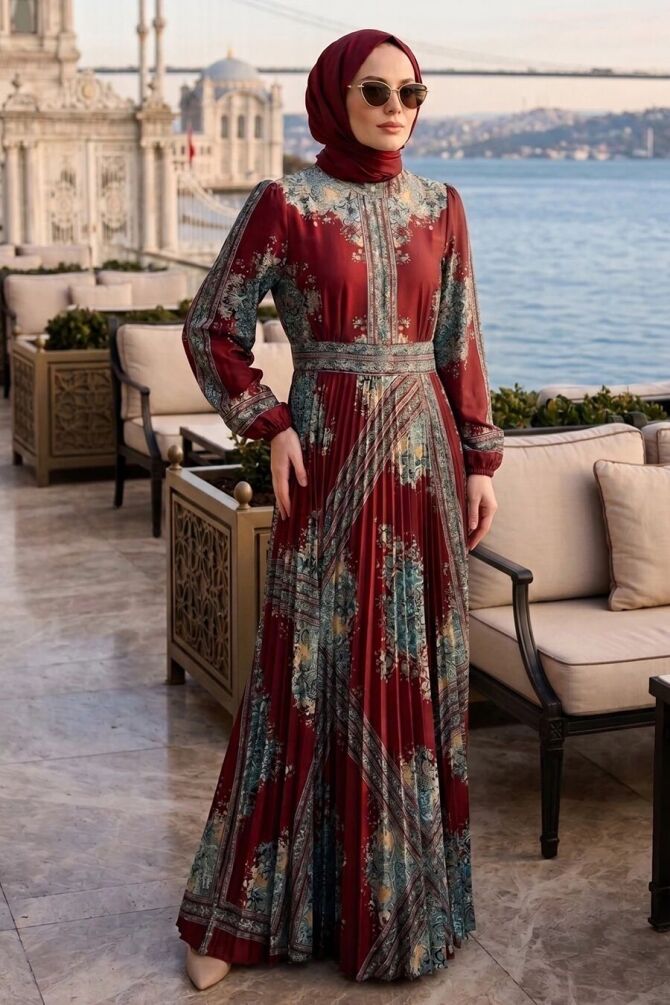 Desenli Kuşaklı Kobe Saten Bordo Tesettür Elbise 15756BR - 1