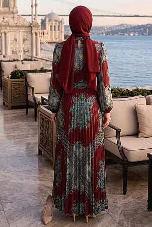 Desenli Kuşaklı Kobe Saten Bordo Tesettür Elbise 15756BR - 2