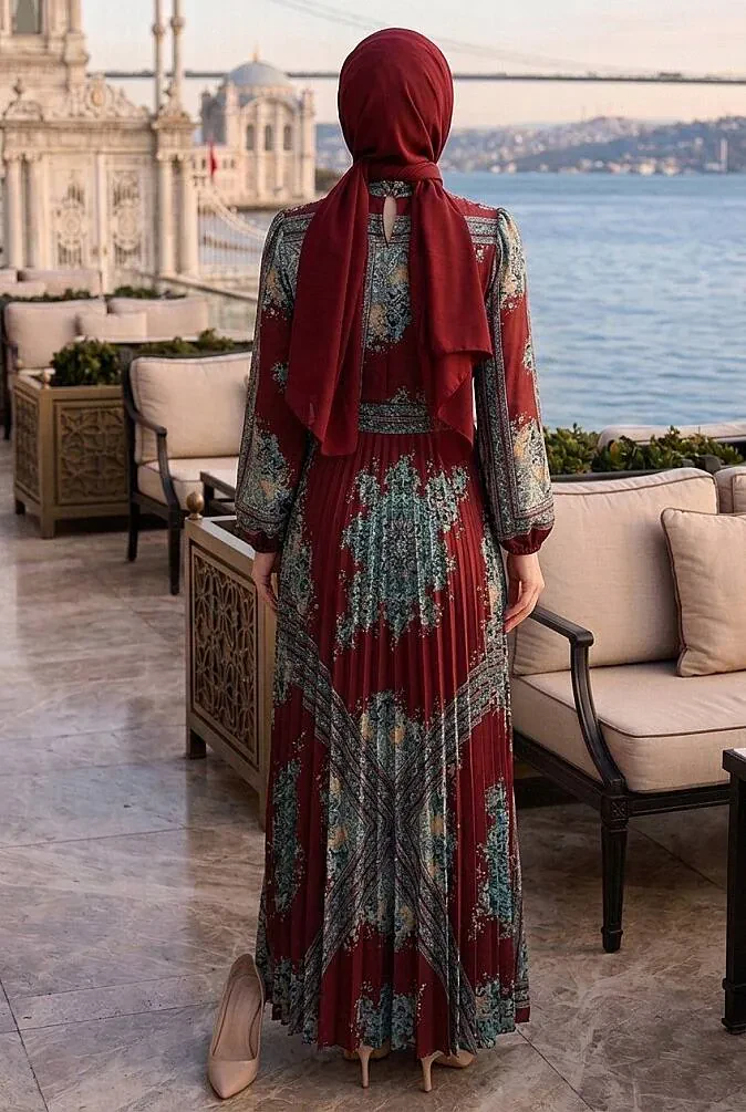 Desenli Kuşaklı Kobe Saten Bordo Tesettür Elbise 15756BR - 2