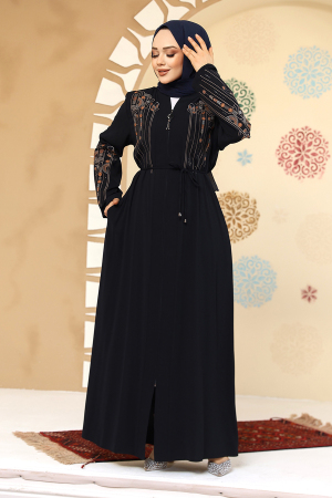 Desenli Lacivert Tesettür Abaya 45302L - 2