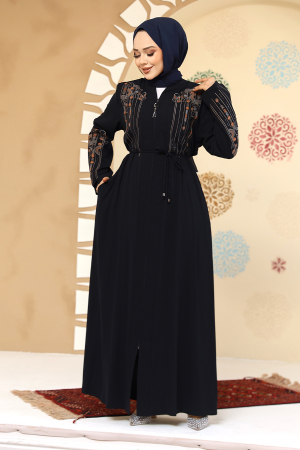 Desenli Lacivert Tesettür Abaya 45302L - 1