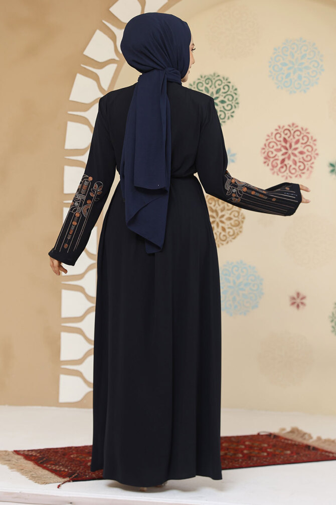 Desenli Lacivert Tesettür Abaya 45302L - 3