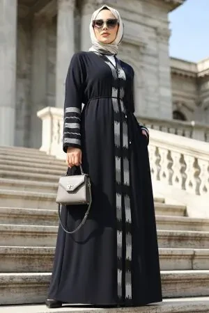 Desenli Lacivert Tesettür Abaya 45303L 
