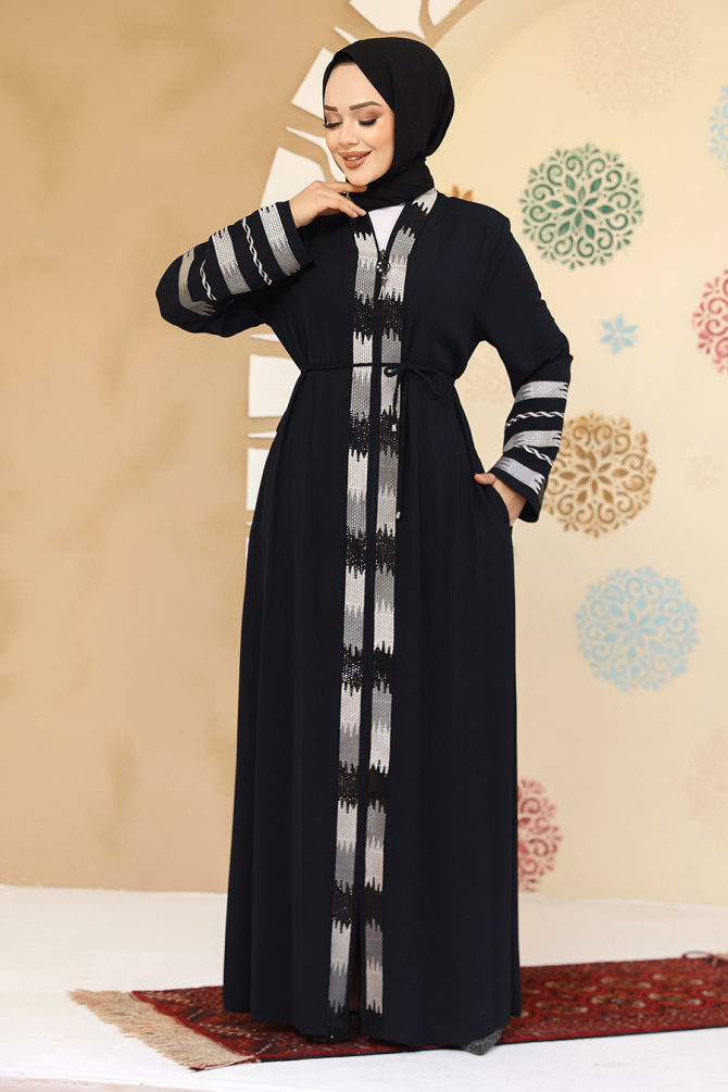 Desenli Lacivert Tesettür Abaya 45303L - 1