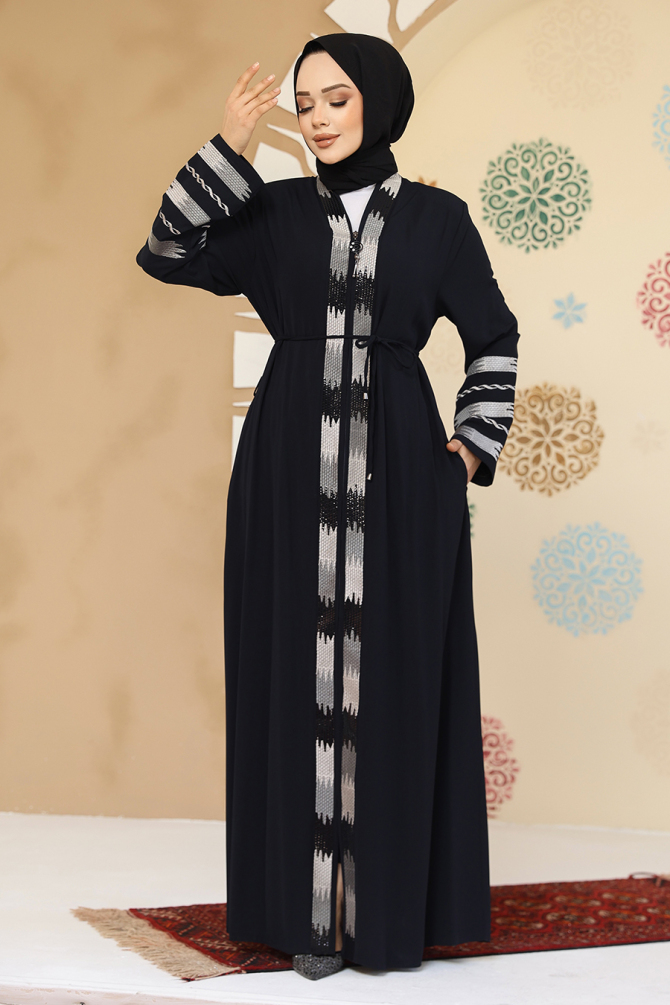 Desenli Lacivert Tesettür Abaya 45303L - 2