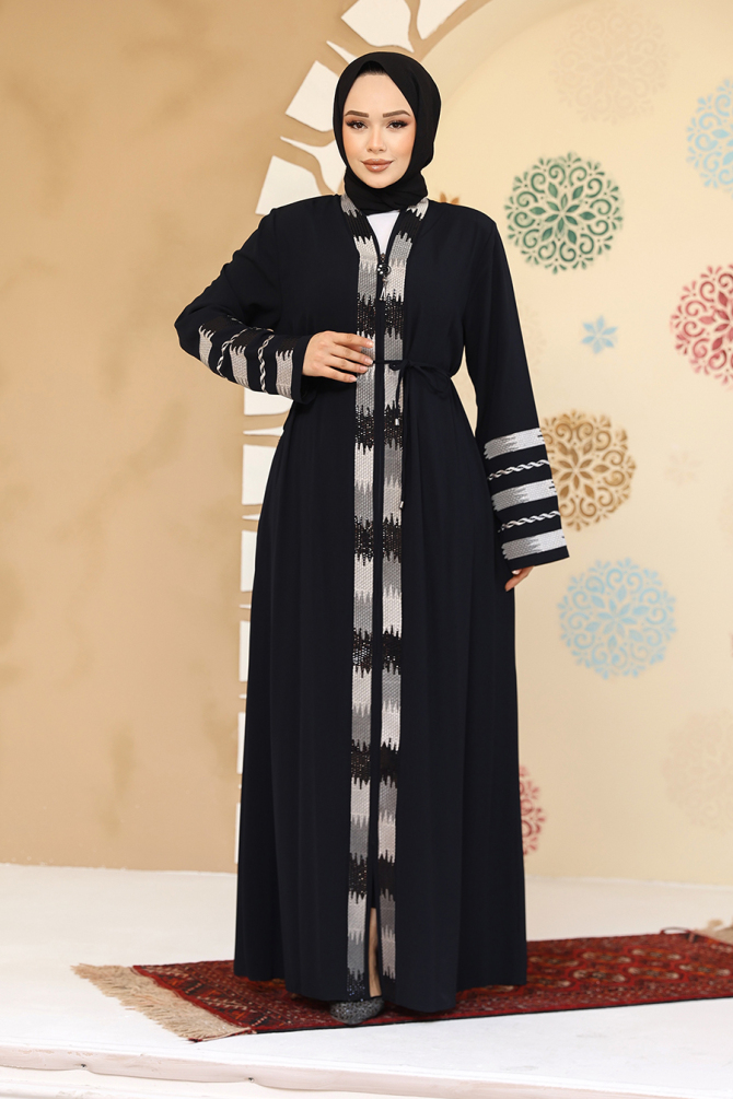 Desenli Lacivert Tesettür Abaya 45303L - 3