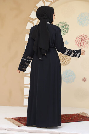 Desenli Lacivert Tesettür Abaya 45303L - 4