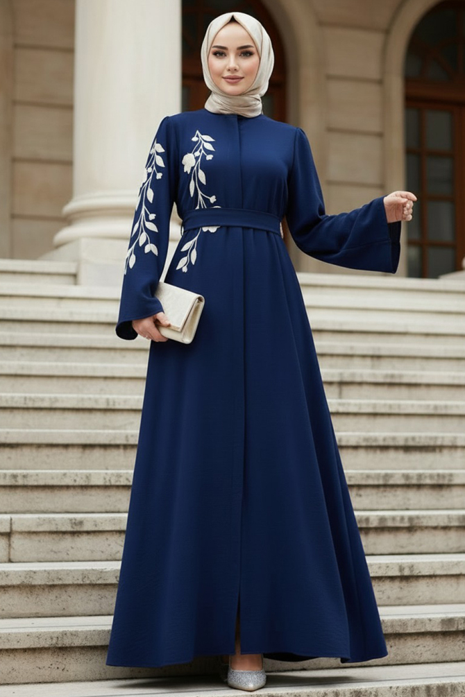 Desenli Lacivert Tesettür Abaya 60052L - 1