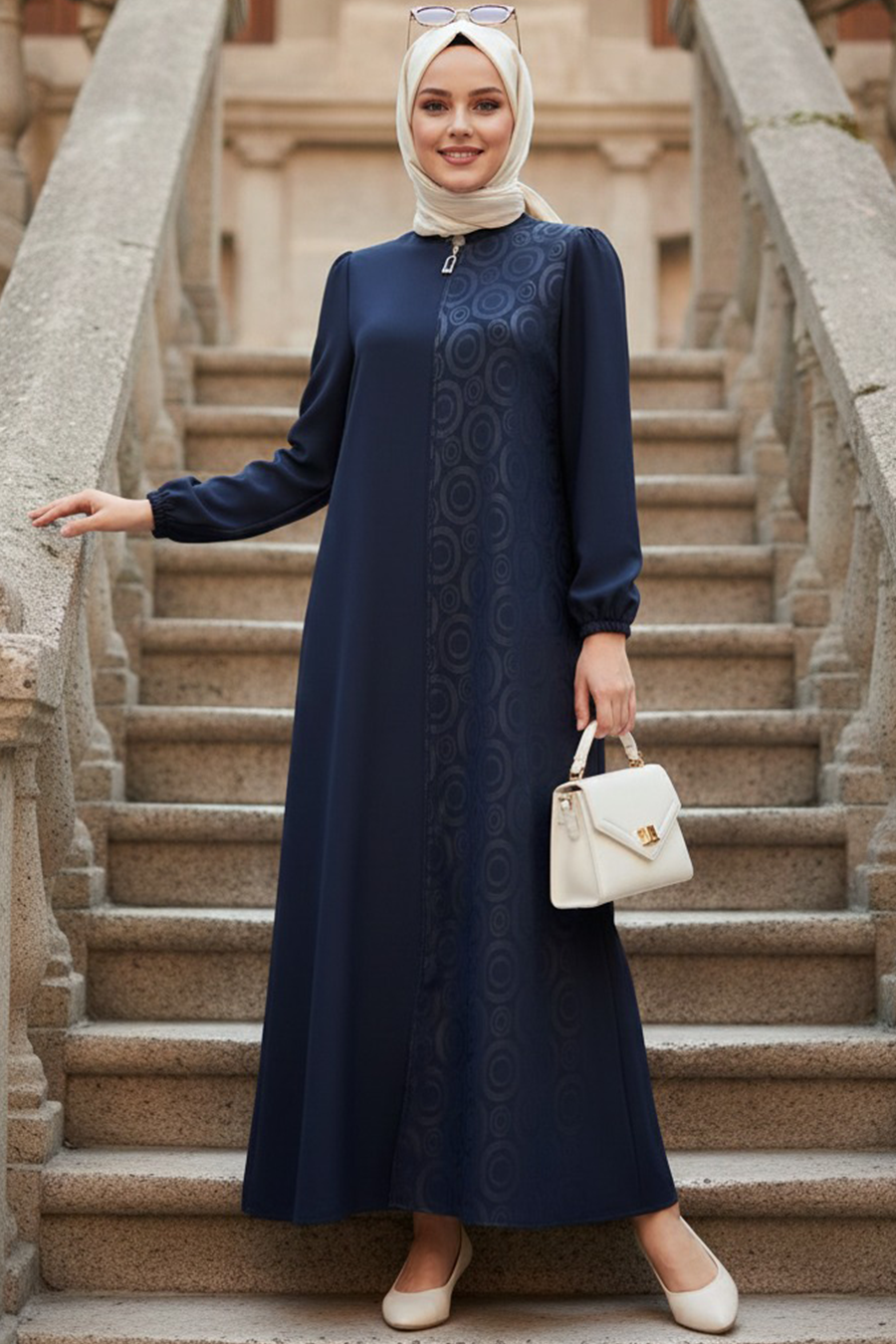 Desenli Lacivert Tesettür Abaya 85103L