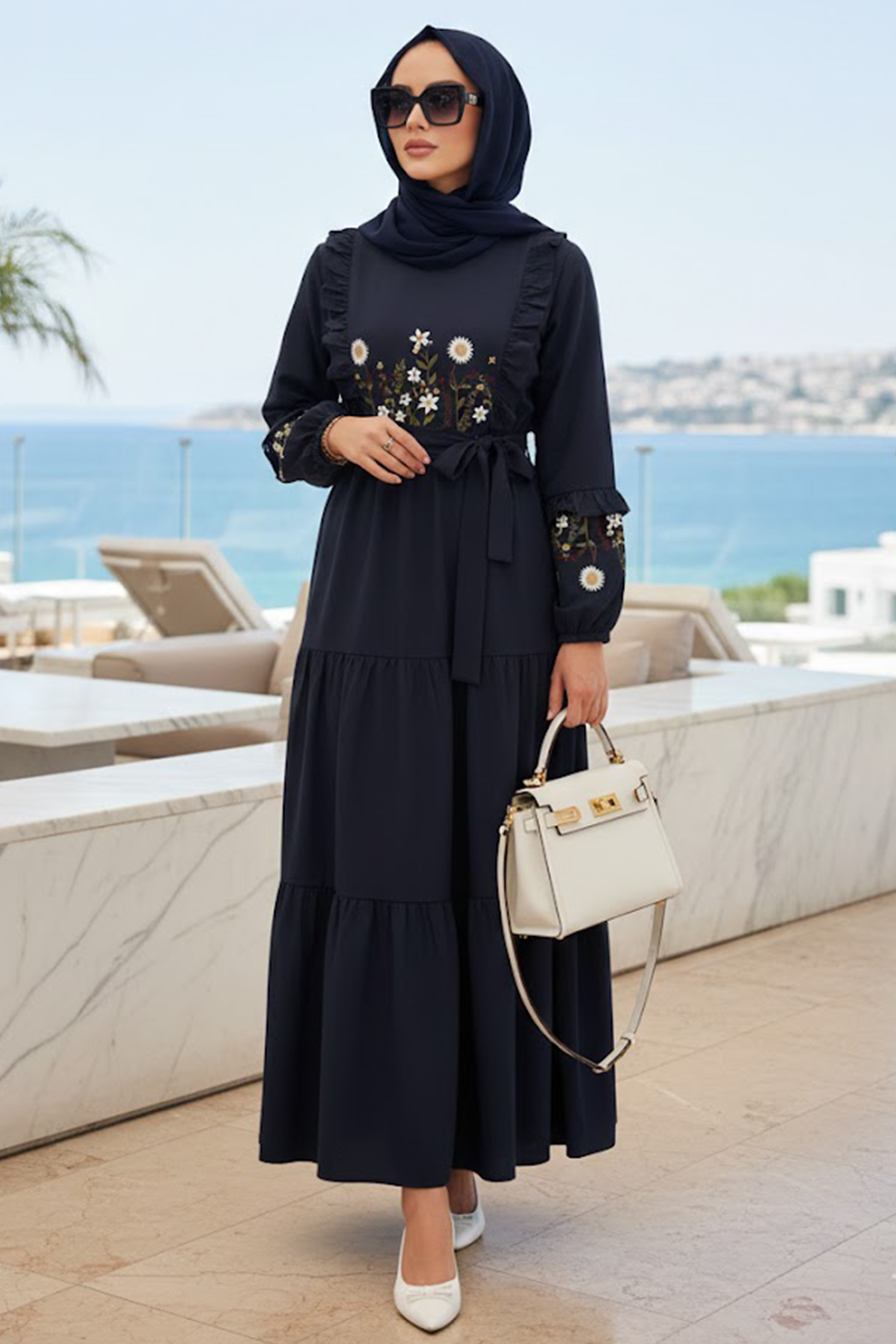 Desenli Lacivert Tesettür Elbise 10327L