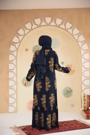 Desenli Lacivert Tesettür Elbise 15731L - 3