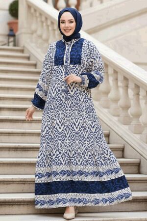 Desenli Lacivert Tesettür Elbise 18245L - 1
