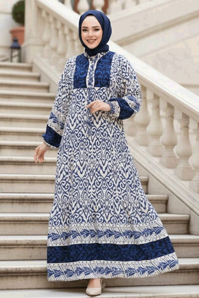 Desenli Lacivert Tesettür Elbise 18245L - 1