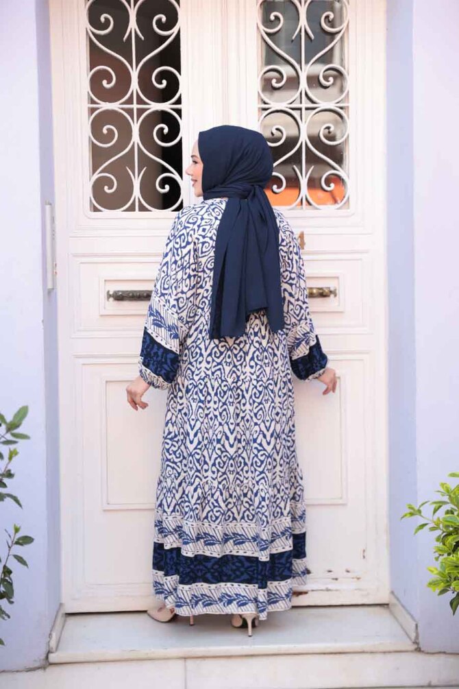 Desenli Lacivert Tesettür Elbise 18245L - 4